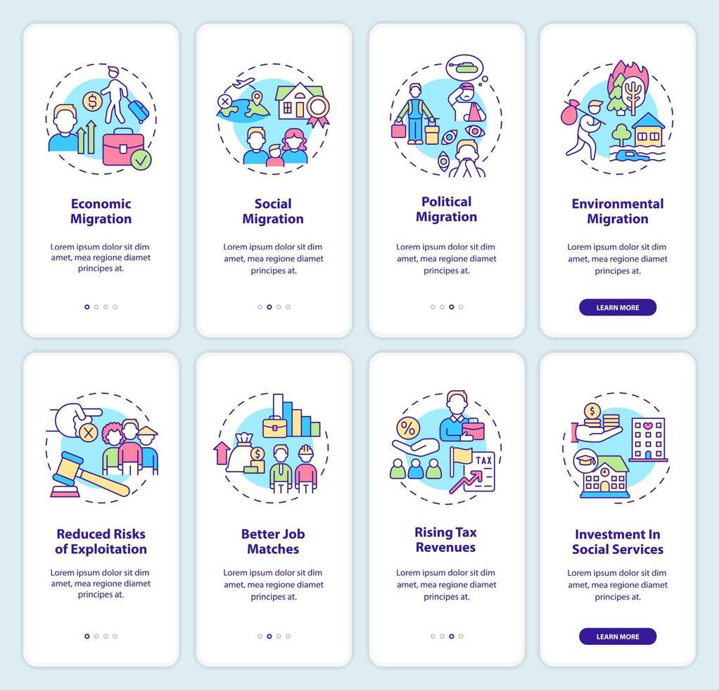 Legal migration onboarding mobile app screen set. Relocation abroad walkthrough 4 steps graphic instructions pages with linear concepts. UI, UX, GUI template. Myriad Pro-Bold, Regular fonts used vector