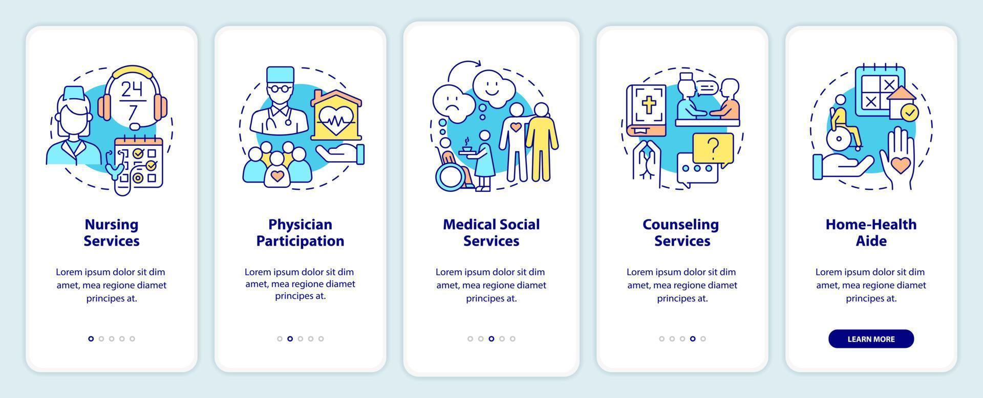 Provided services of hospice care onboarding mobile app screen. Walkthrough 5 steps graphic instructions pages with linear concepts. UI, UX, GUI template. Myriad Pro-Bold, Regular fonts used vector