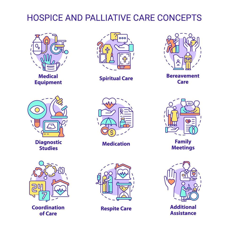 conjunto de iconos de concepto de cuidados paliativos y hospicio. servicio al paciente ilustraciones en color de línea delgada de idea de medicina y atención médica. símbolos aislados. roboto-medium, innumerables fuentes pro-bold utilizadas vector