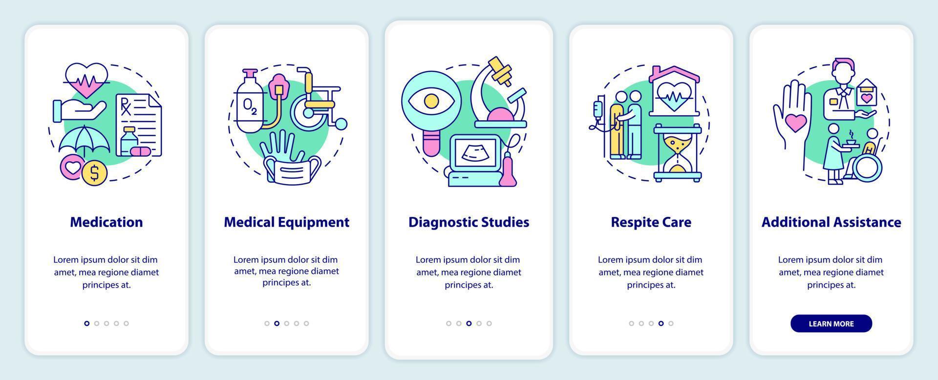 Hospice care provided services onboarding mobile app screen. Medicine walkthrough 5 steps graphic instructions pages with linear concepts. UI, UX, GUI template. Myriad Pro-Bold, Regular fonts used vector