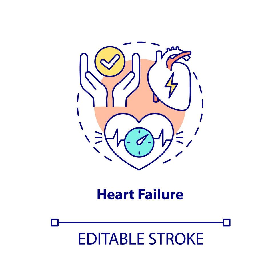 icono del concepto de insuficiencia cardíaca. enfermedad cardiovascular. enfermedad cuidados paliativos preguntando idea abstracta ilustración de línea delgada. dibujo de contorno aislado. trazo editable. arial, innumerables fuentes pro-bold utilizadas vector