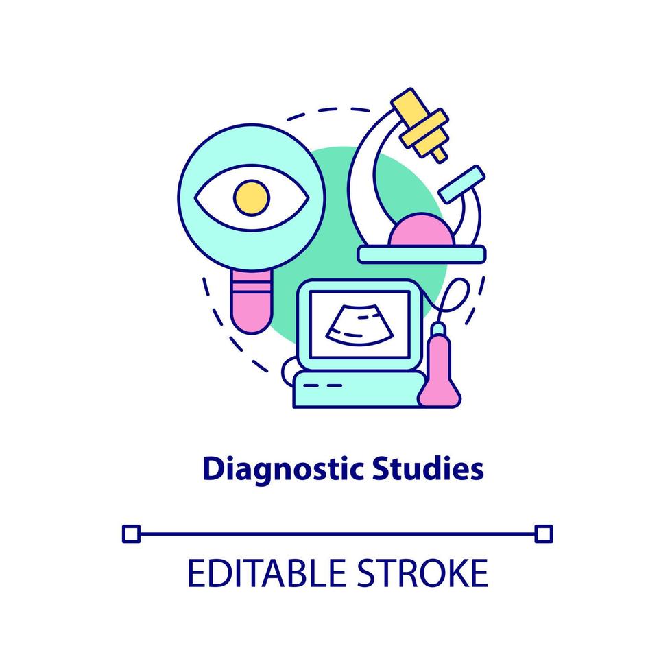 Diagnostic studies concept icon. Equipment for research. Hospice provided service abstract idea thin line illustration. Isolated outline drawing. Editable stroke. Arial, Myriad Pro-Bold fonts used vector