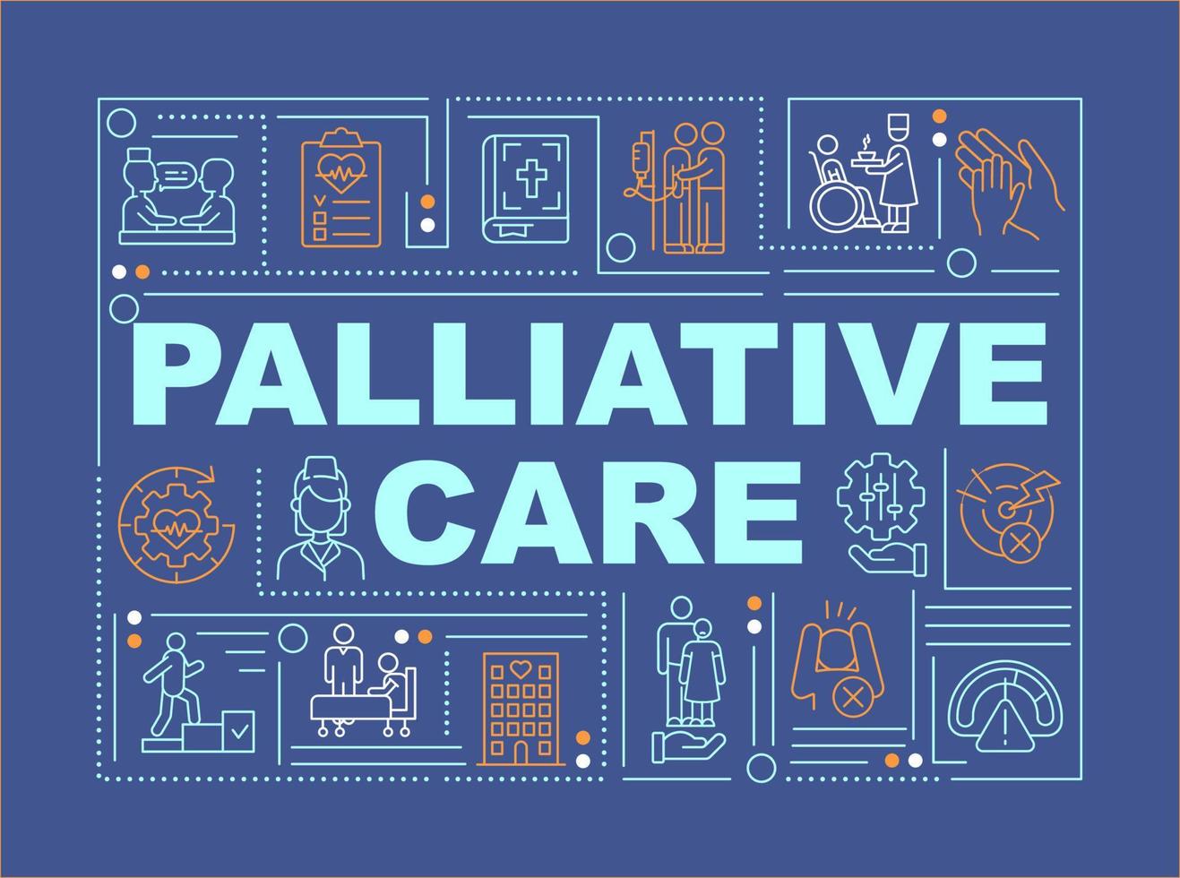 Palliative care word concepts blue banner. Patient support program. Infographics with icons on color background. Isolated typography. Vector illustration with text. Arial-Black font used