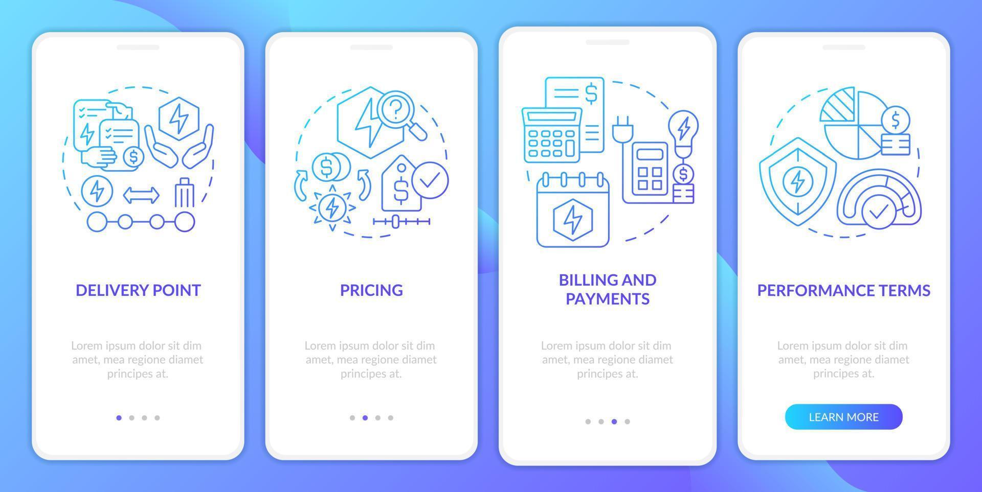 PPA sales blue gradient onboarding mobile app screen. Commercial terms walkthrough 4 steps graphic instructions pages with linear concepts. UI, UX, GUI template. Myriad Pro-Bold, Regular fonts used vector