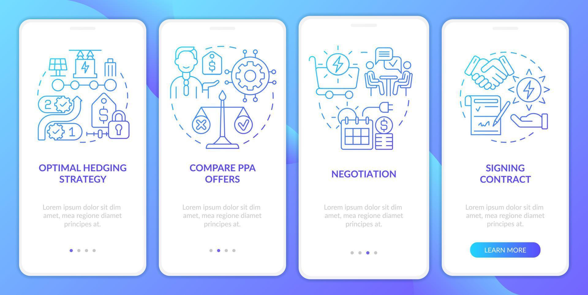 PPA work blue gradient onboarding mobile app screen. Electricity walkthrough 4 steps graphic instructions pages with linear concepts. UI, UX, GUI template. Myriad Pro-Bold, Regular fonts used vector