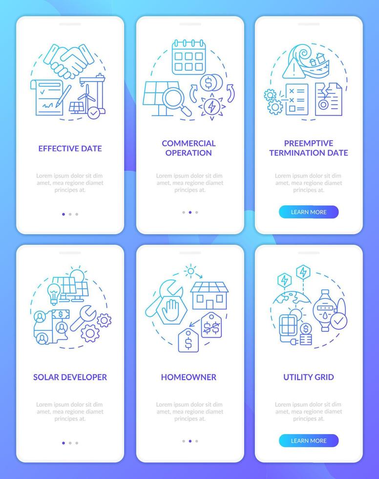 Power purchase agreement blue gradient onboarding mobile app screen set. Walkthrough 3 steps graphic instructions pages with linear concepts. UI, UX, GUI template. Myriad Pro-Bold, Regular fonts used vector