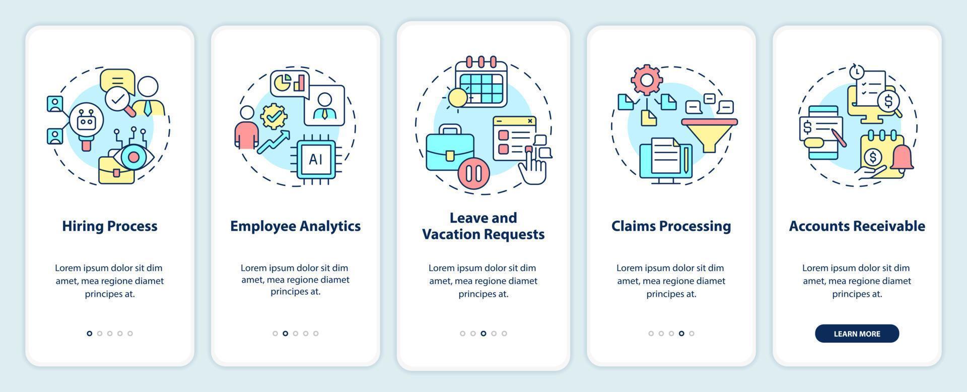 Examples of automation in business onboarding mobile app screen. Walkthrough 5 steps graphic instructions pages with linear concepts. UI, UX, GUI template. Myriad Pro-Bold, Regular fonts used vector