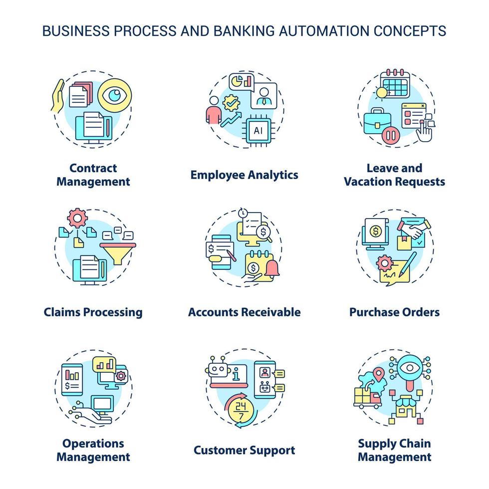 Business process and banking automation concept icons set. Autonomous operations idea thin line color illustrations. Isolated symbols. Editable stroke. Roboto-Medium, Myriad Pro-Bold fonts used.. vector