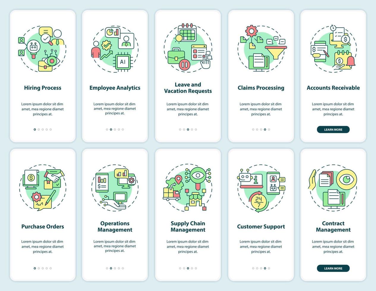 Business process and banking automation onboarding mobile app screen set. Walkthrough 5 steps graphic instructions pages with linear concepts. UI, UX, GUI template. Myriad Pro-Bold, Regular fonts used vector