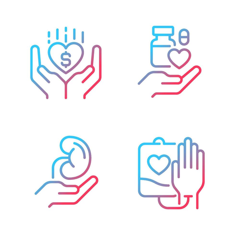 Donation to healthcare organizations gradient linear vector icons set. Donated organs. Safe medication disposal. Thin line contour symbol designs bundle. Isolated outline illustrations collection