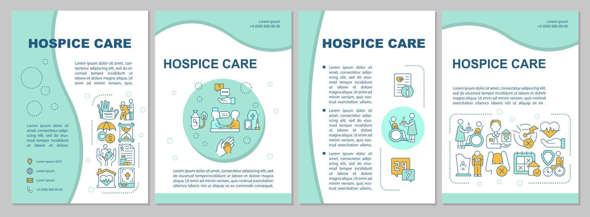 Hospice care mint brochure template. Medicine and caregiving. Leaflet design with linear icons. 4 vector layouts for presentation, annual reports. Arial, Myriad Pro-Regular fonts used