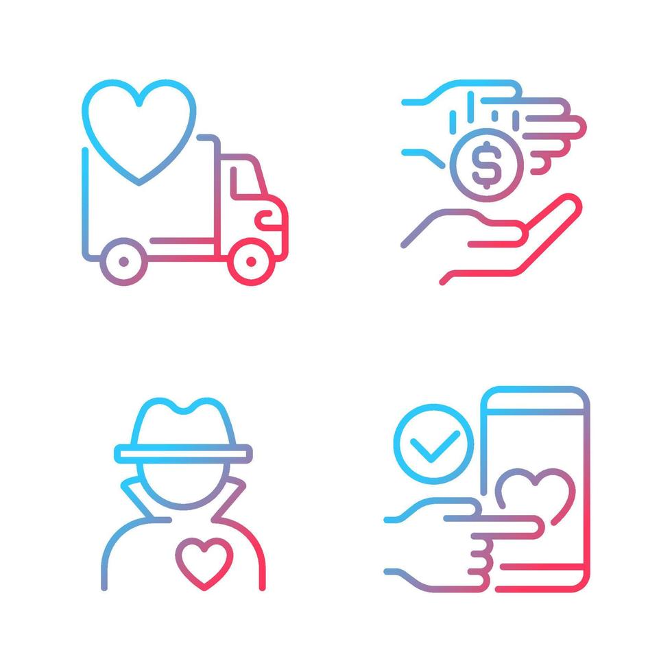 Public charity gradient linear vector icons set. Donating motor vehicle. Microphilanthropy. Anonymous donor. Thin line contour symbol designs bundle. Isolated outline illustrations collection