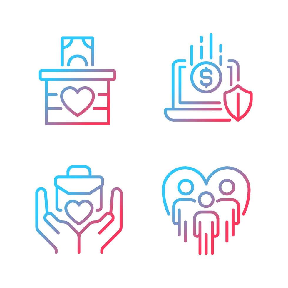 Fundraising strategy gradient linear vector icons set. Money donation. Social responsibility. Community work. Thin line contour symbol designs bundle. Isolated outline illustrations collection