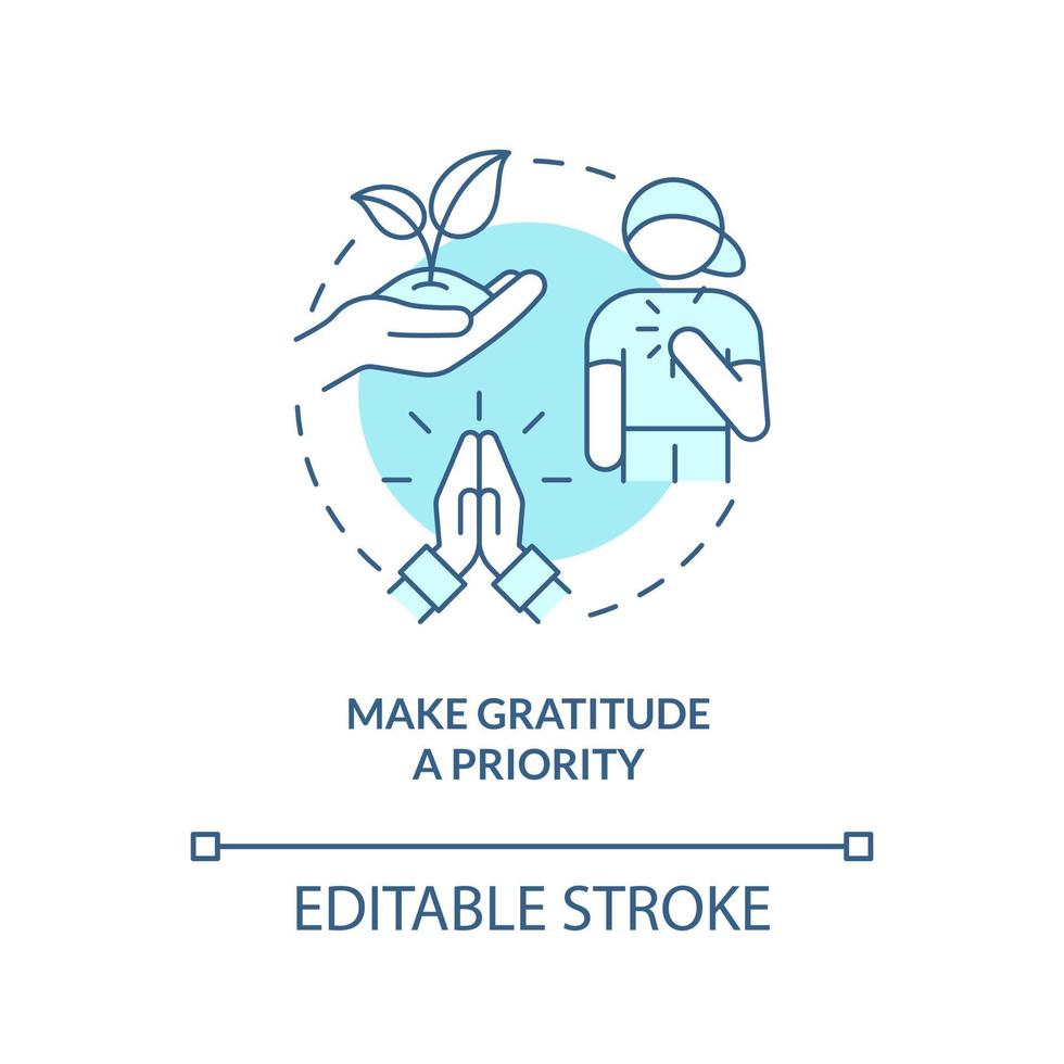 Make gratitude as priority turquoise concept icon. Teaching thankfulness abstract idea thin line illustration. Isolated outline drawing. Editable stroke. Arial, Myriad Pro-Bold fonts used vector