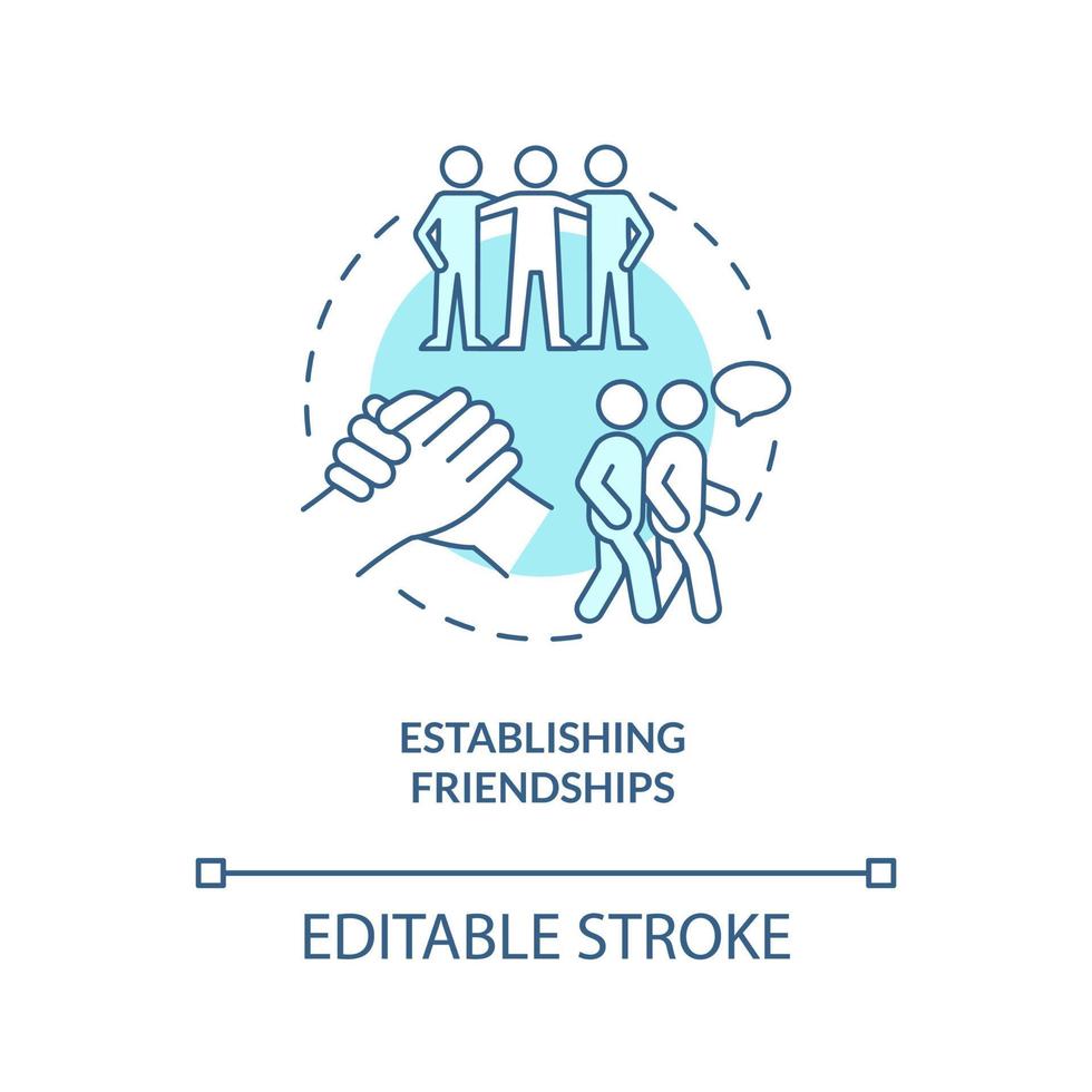 Establishing friendships turquoise concept icon. Spending time together abstract idea thin line illustration. Isolated outline drawing. Editable stroke. Arial, Myriad Pro-Bold fonts used vector
