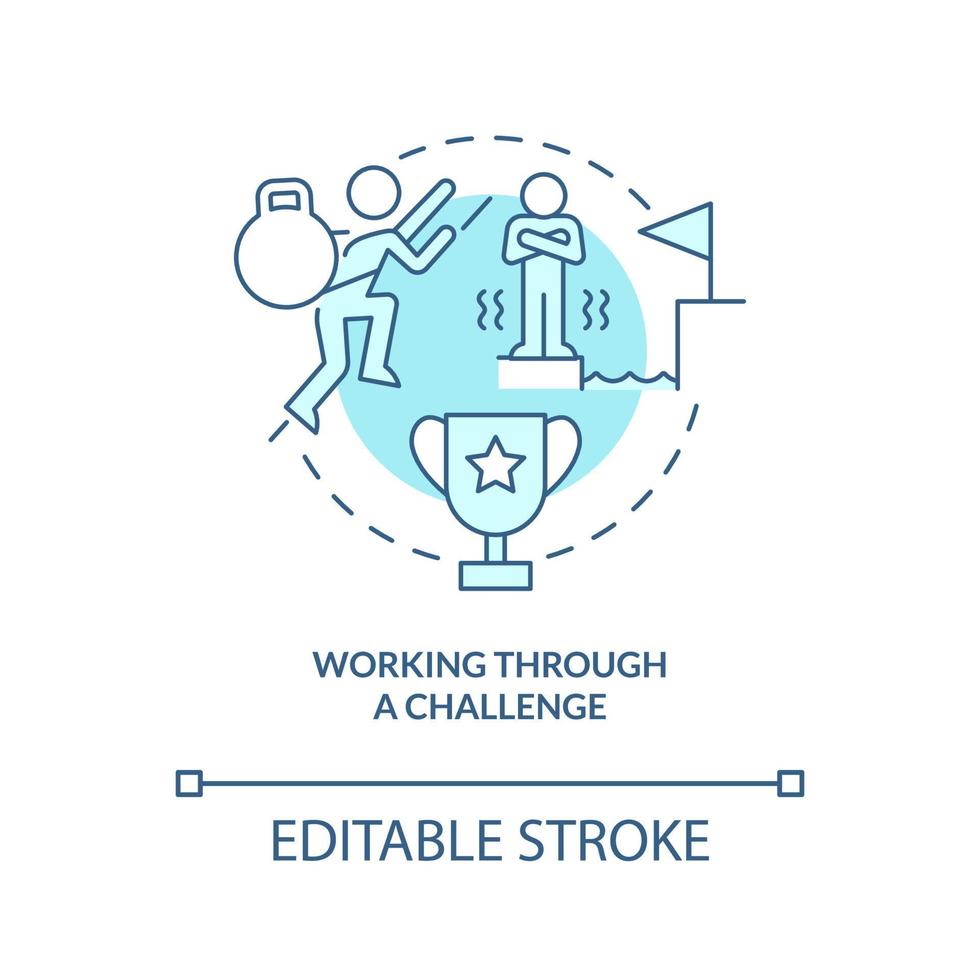 Working through challenge turquoise concept icon. Overcoming problems abstract idea thin line illustration. Isolated outline drawing. Editable stroke. Arial, Myriad Pro-Bold fonts used vector
