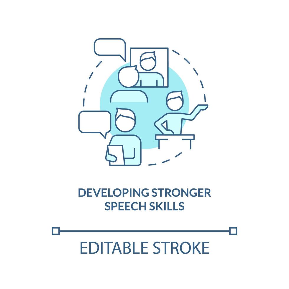 Developing stronger speech skills turquoise concept icon. Effective communicator abstract idea thin line illustration. Isolated outline drawing. Editable stroke. Arial, Myriad Pro-Bold fonts used vector