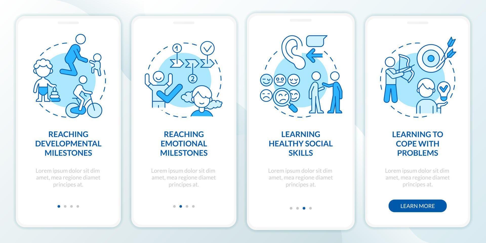 Mental health in childhood blue onboarding mobile app screen. Walkthrough 4 steps graphic instructions pages with linear concepts. UI, UX, GUI template. Myriad Pro-Bold, Regular fonts used vector