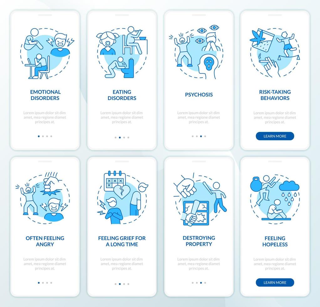 Adolescent behavior problems blue onboarding mobile app screen set. Walkthrough 4 steps graphic instructions pages with linear concepts. UI, UX, GUI template. Myriad Pro-Bold, Regular fonts used vector