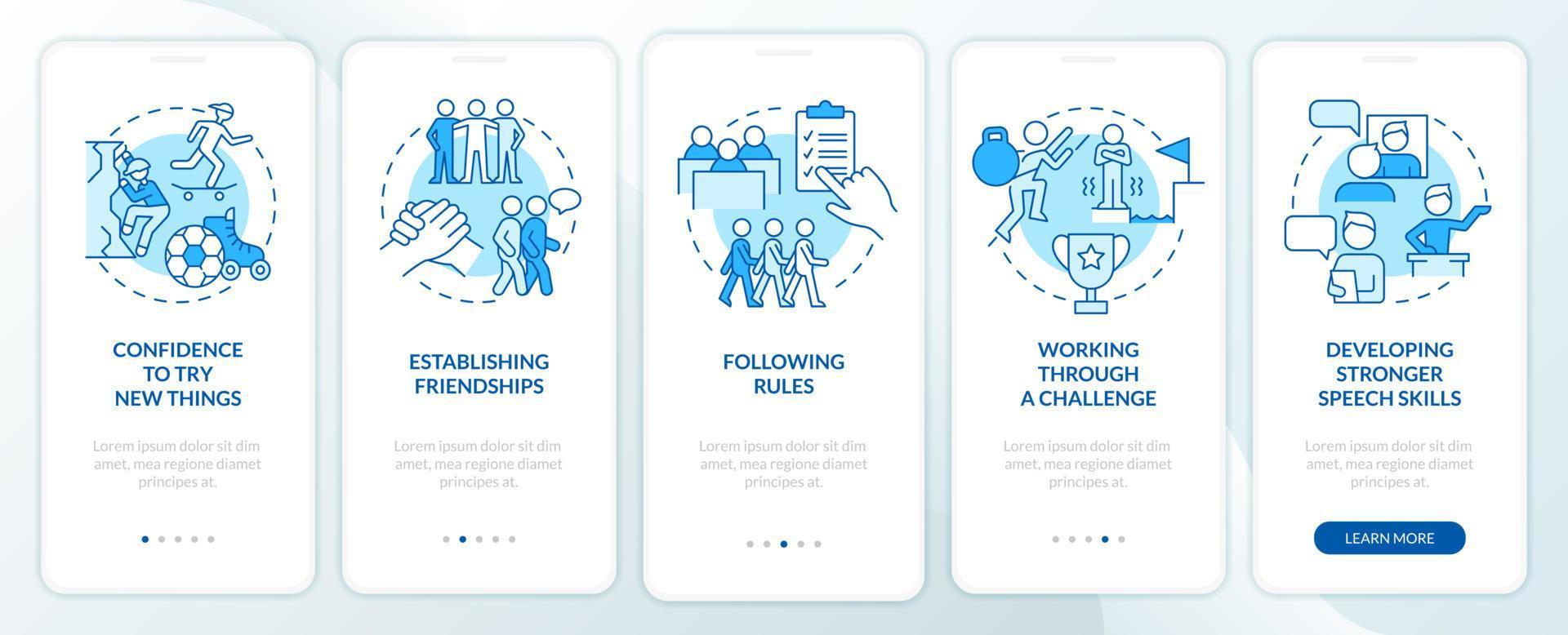 Successful child development blue onboarding mobile app screen. Walkthrough 5 steps graphic instructions pages with linear concepts. UI, UX, GUI template. Myriad Pro-Bold, Regular fonts used vector