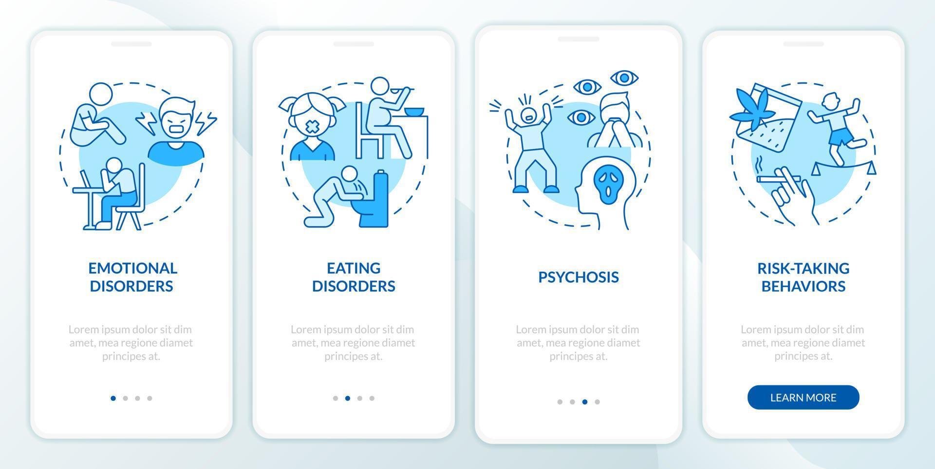 Common teen disorders blue onboarding mobile app screen. Psychosis walkthrough 4 steps graphic instructions pages with linear concepts. UI, UX, GUI template. Myriad Pro-Bold, Regular fonts used vector