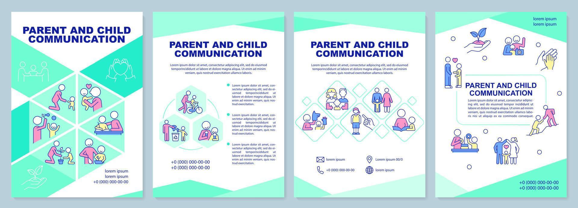 Parent and child communication green brochure template. Kid development. Leaflet design with linear icons. 4 vector layouts for presentation, annual reports. Arial-Black, Myriad Pro-Regular fonts used
