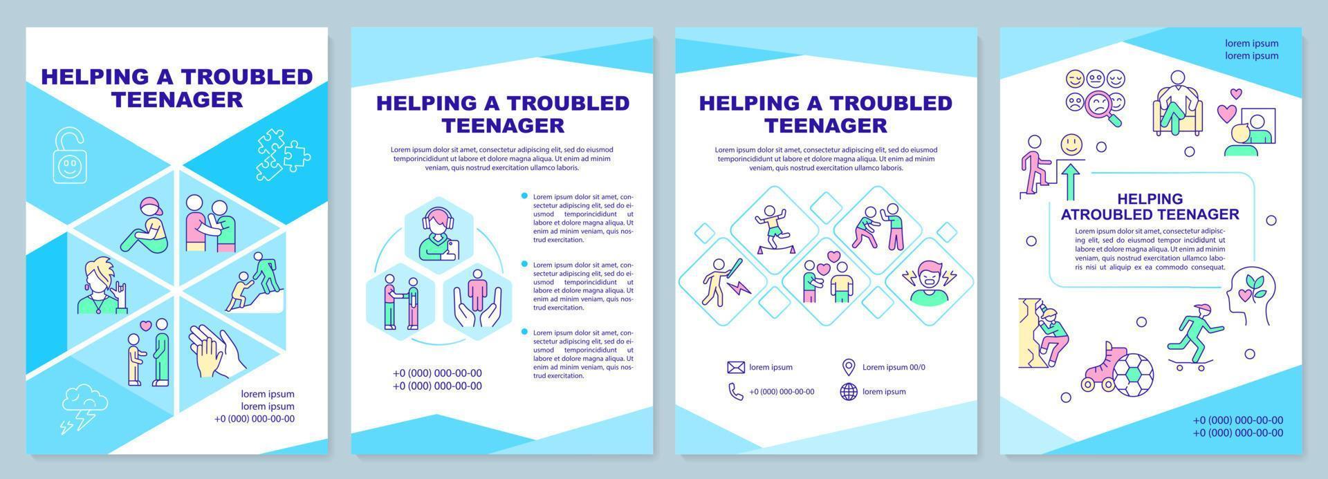 Helping troubled teenager blue brochure template. Warning signs. Leaflet design with linear icons. 4 vector layouts for presentation, annual reports. Arial-Black, Myriad Pro-Regular fonts used