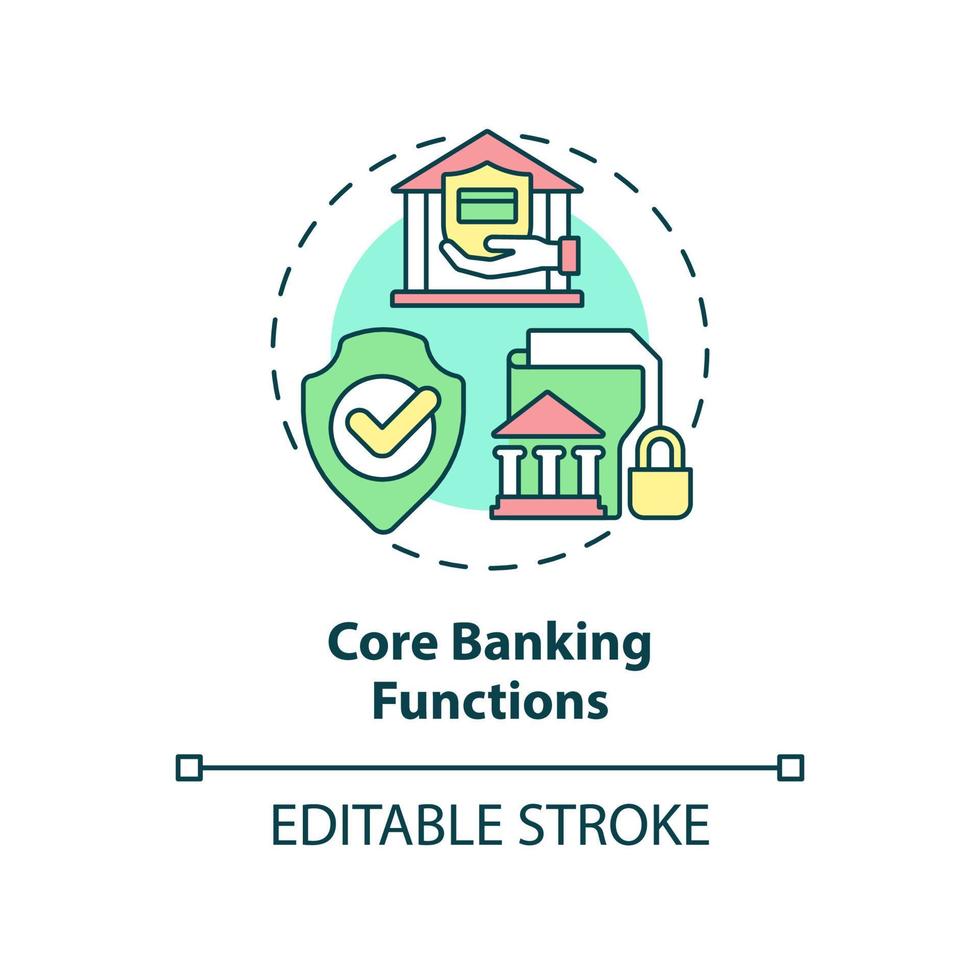 Core banking functions concept icon. Transactions and security. Automated banking abstract idea thin line illustration. Isolated outline drawing. Editable stroke. Arial, Myriad Pro-Bold fonts used vector