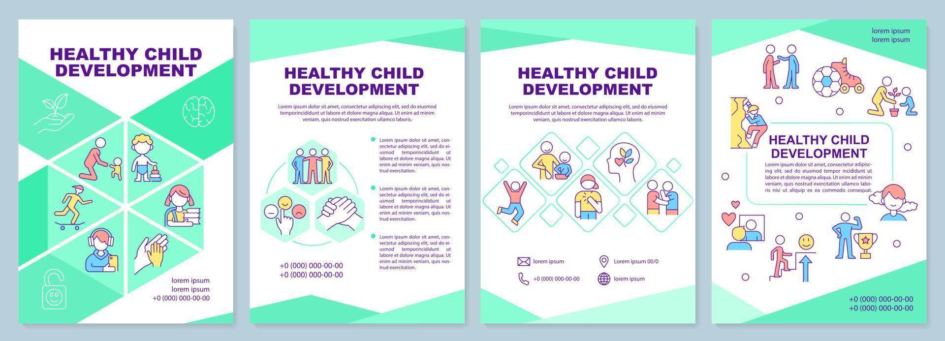 Healthy child development green brochure template. Mental wellbeing. Leaflet design with linear icons. 4 vector layouts for presentation, annual reports. Arial-Black, Myriad Pro-Regular fonts used