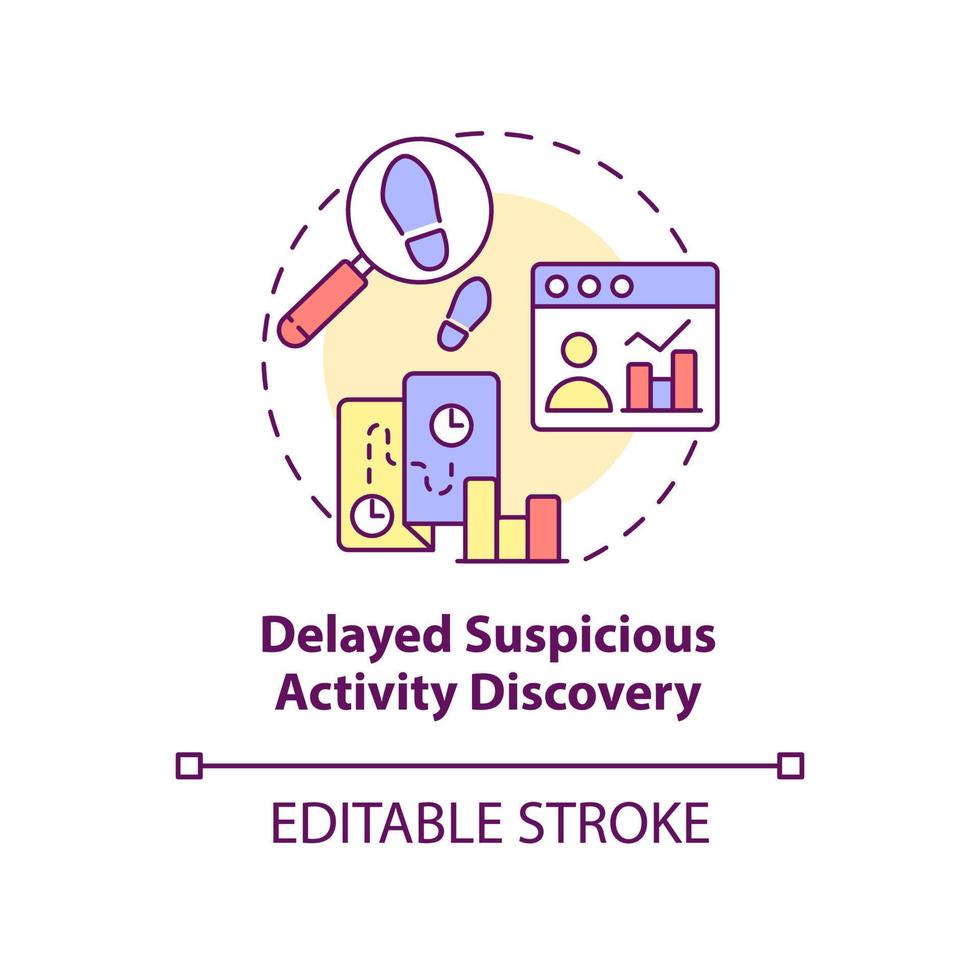 Delayed suspicious activity discovery concept icon. BPA challenges abstract idea thin line illustration. Isolated outline drawing. Editable stroke. Arial, Myriad Pro-Bold fonts used vector