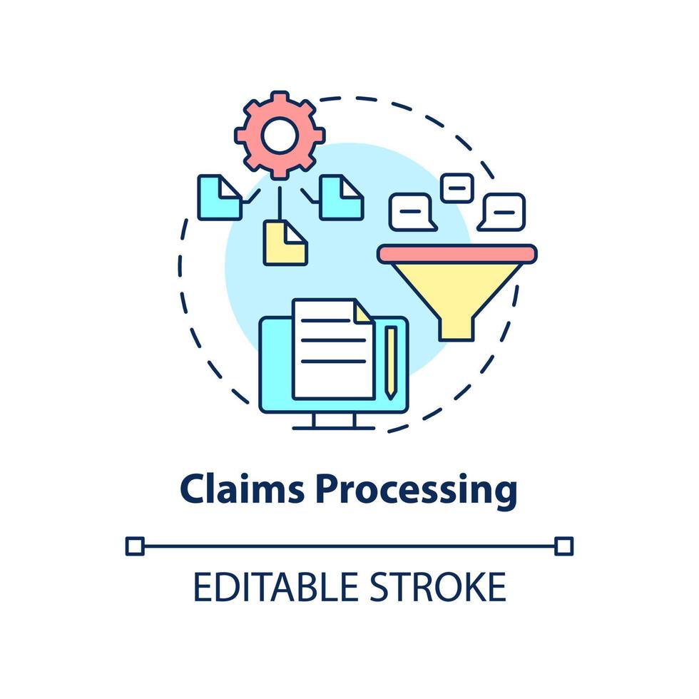 Claims processing concept icon. Examples of automation in business abstract idea thin line illustration. Isolated outline drawing. Editable stroke. Arial, Myriad Pro-Bold fonts used vector