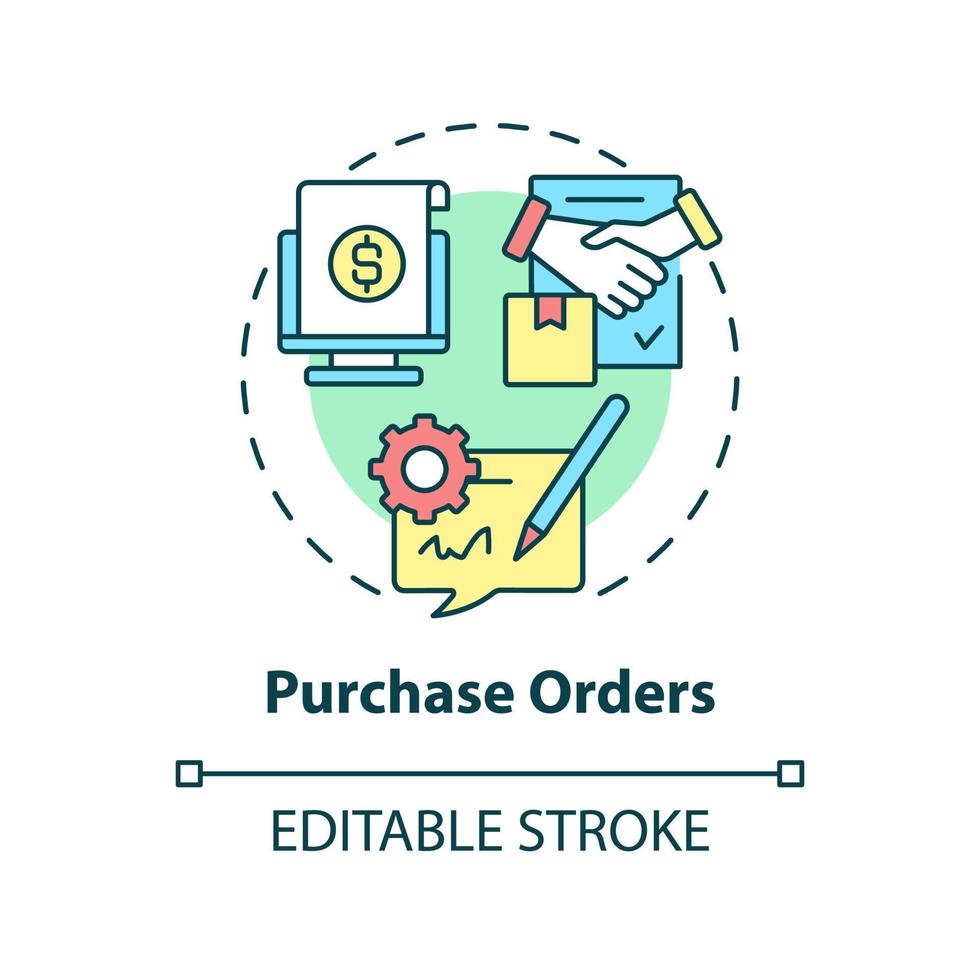 Purchase orders concept icon. Request, approval. Examples of automation in business abstract idea thin line illustration. Isolated outline drawing. Editable stroke. Arial, Myriad Pro-Bold fonts used vector