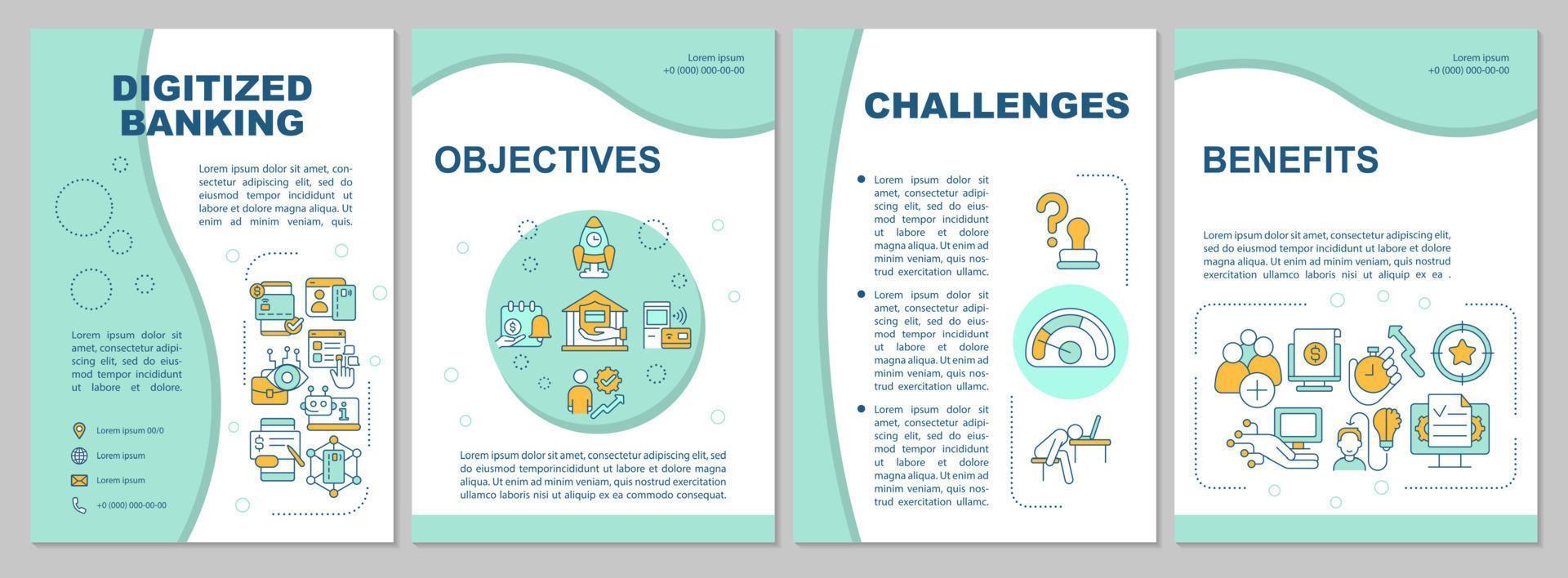 Digitized banking mint brochure template. Autonomous processes. Leaflet design with linear icons. 4 vector layouts for presentation, annual reports. Arial, Myriad Pro-Regular fonts used