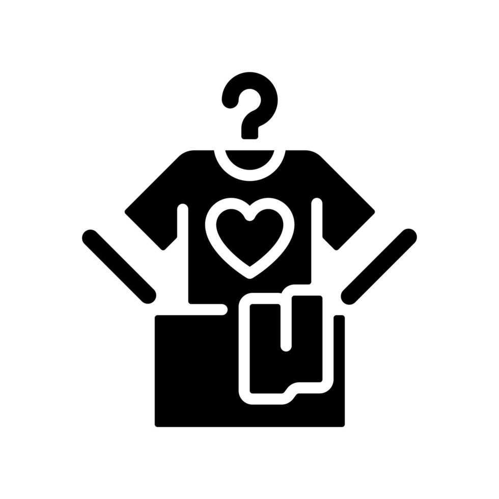 Clothes donation black glyph icon. Donating unwanted old clothing. Give away goods for free. Reducing textile waste. Silhouette symbol on white space. Solid pictogram. Vector isolated illustration