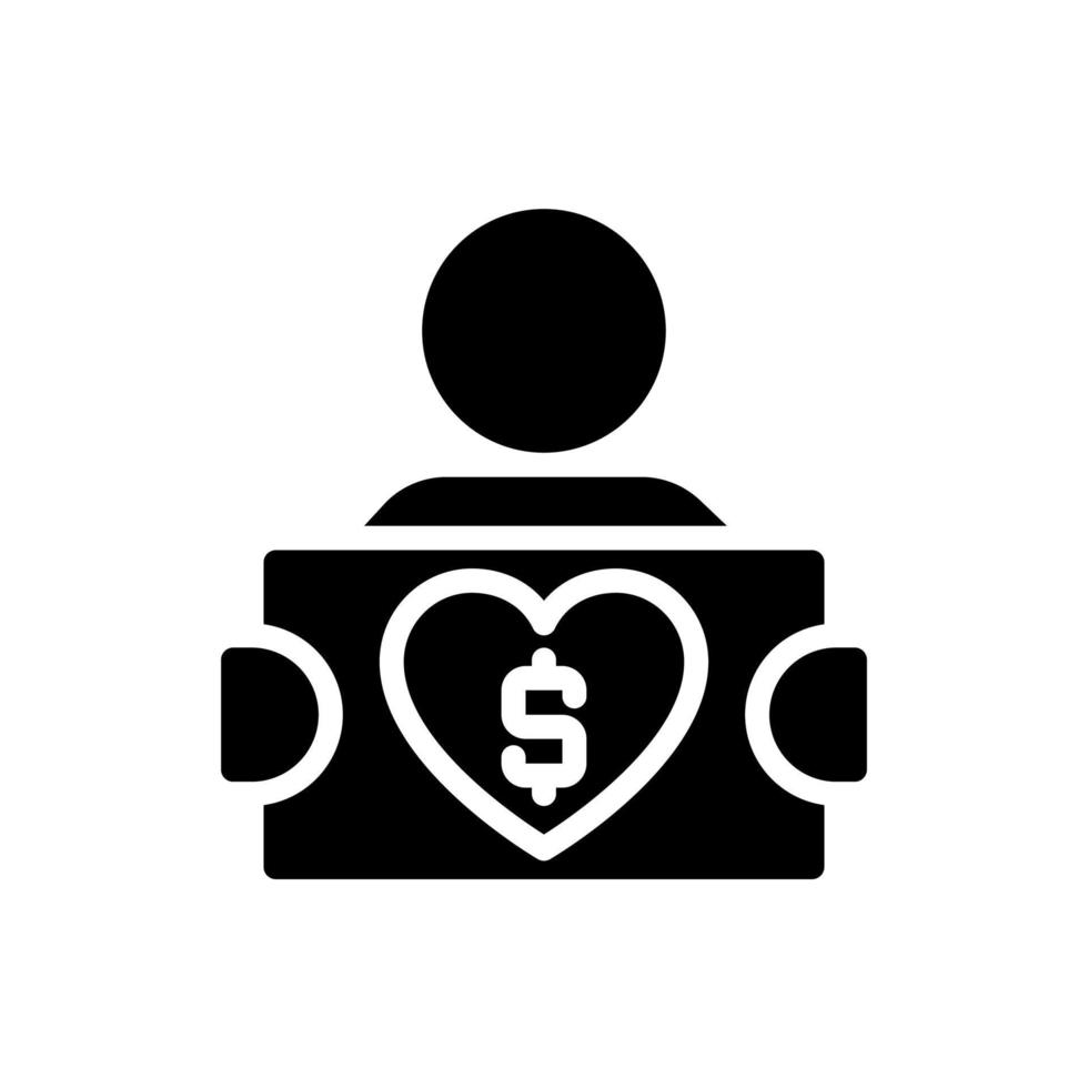 Fundraiser black glyph icon. Soliciting potential donors. Raising money for charity campaign. Asking for donations. Silhouette symbol on white space. Solid pictogram. Vector isolated illustration