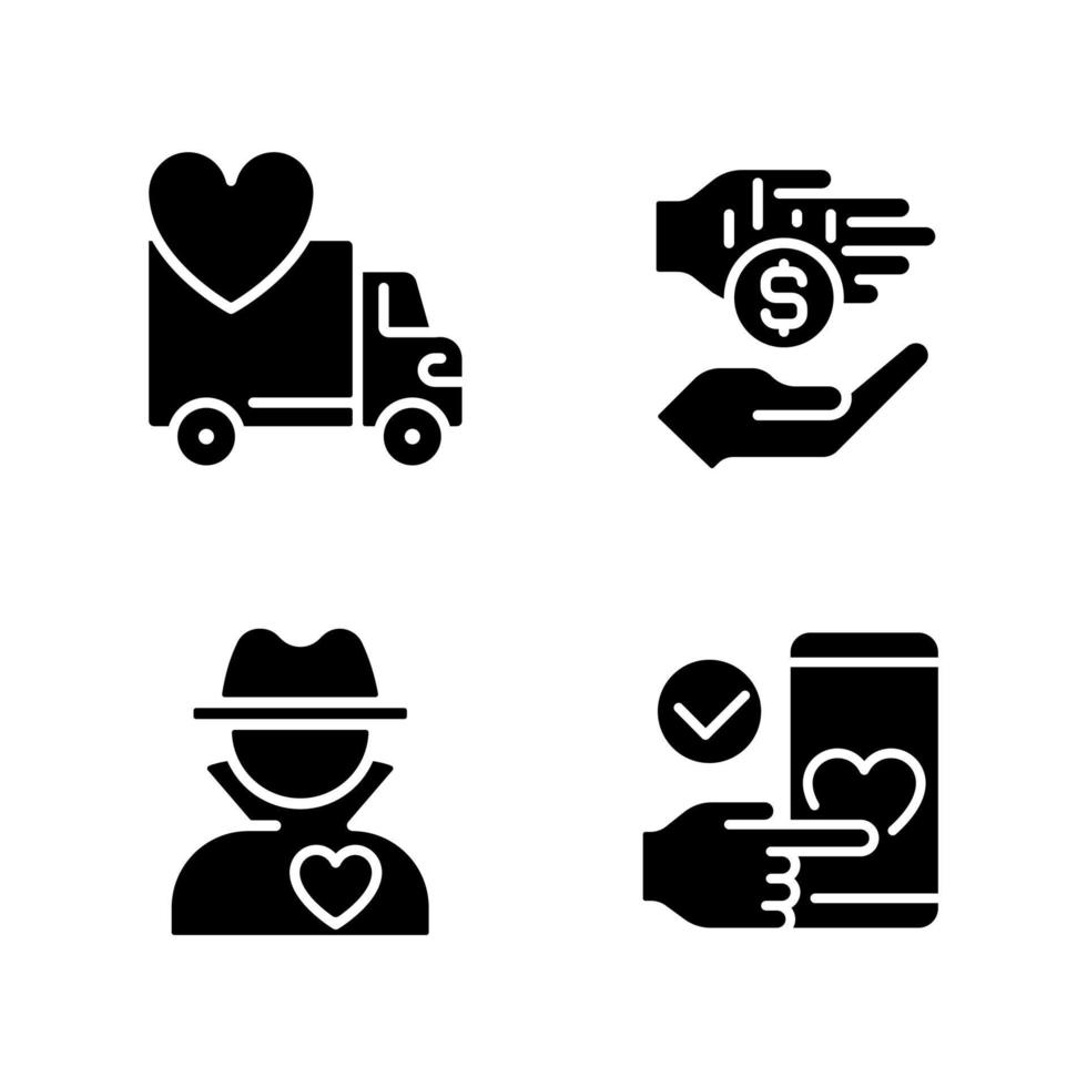 Public charity black glyph icons set on white space. Donating motor vehicle. Microphilanthropy. Anonymous donor. Text-to-donate. Silhouette symbols. Solid pictogram pack. Vector isolated illustration