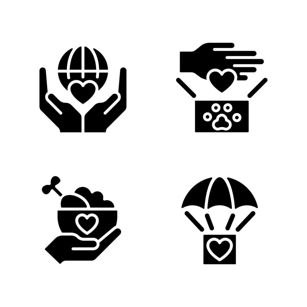 Helping others black glyph icons set on white space. Charitable organization. Animal donation. Handing out free food. Silhouette symbols. Solid pictogram pack. Vector isolated illustration