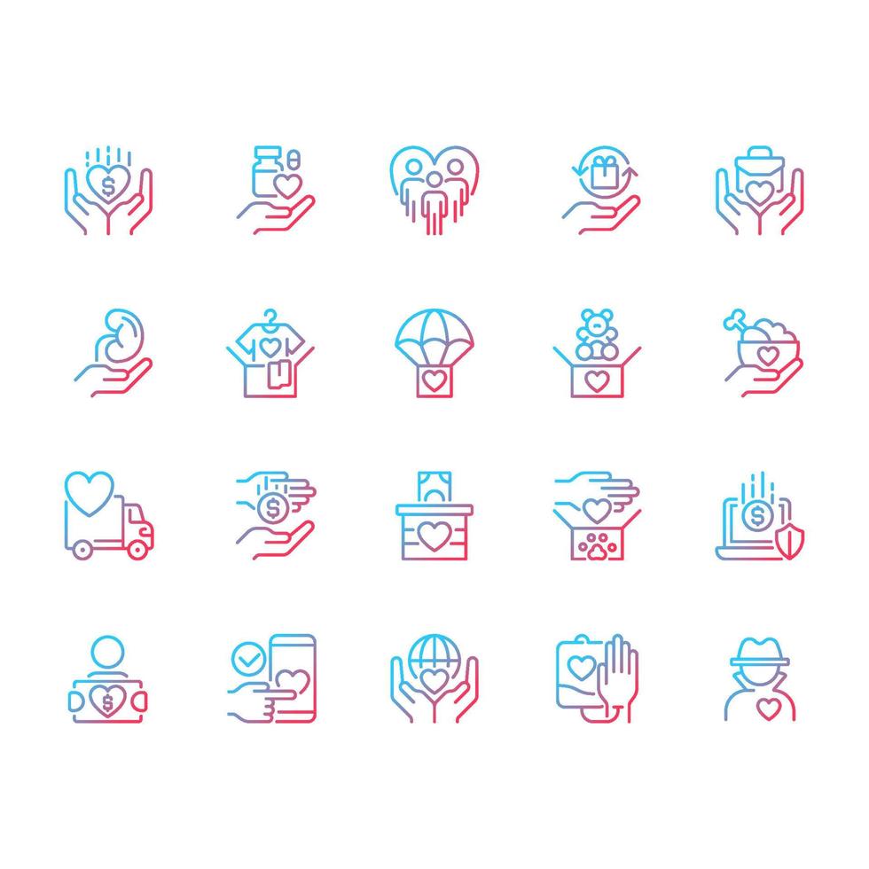 Donation opportunities gradient linear vector icons set. Giving items away for free. Charitable organization. Thin line contour symbol designs bundle. Isolated outline illustrations collection