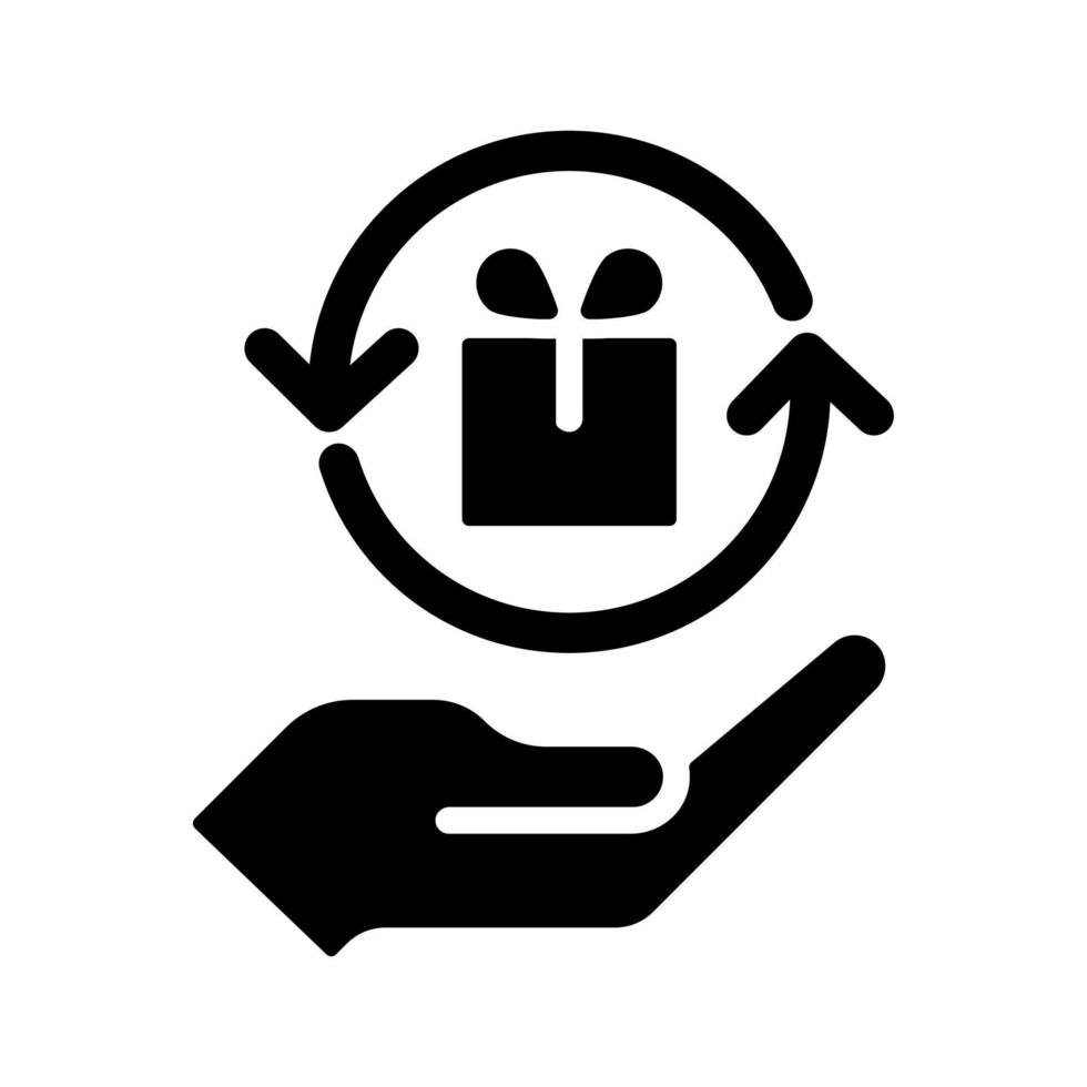 Gift economy black glyph icon. Social exchange. Free giveaway. Gift culture. Expected social behaviour. Supplying needs. Silhouette symbol on white space. Solid pictogram. Vector isolated illustration