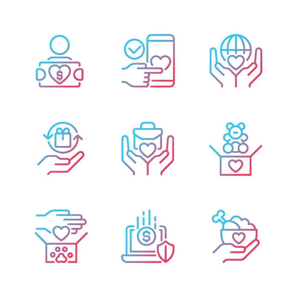 Donating to multiple charities gradient linear vector icons set. Fundraising event. Charitable organization. Thin line contour symbol designs bundle. Isolated outline illustrations collection