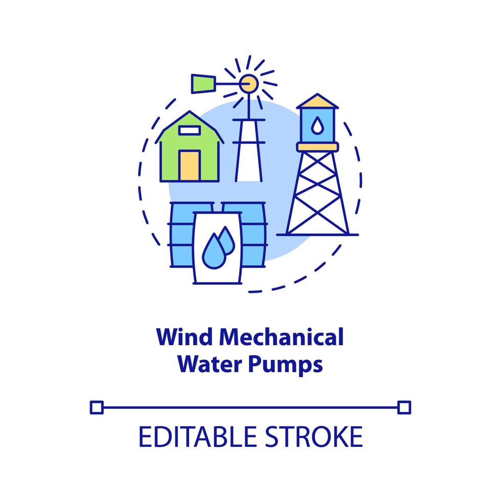 Wind mechanical water pumps concept icon. Rural electrification technology abstract idea thin line illustration. Isolated outline drawing. Editable stroke. vector
