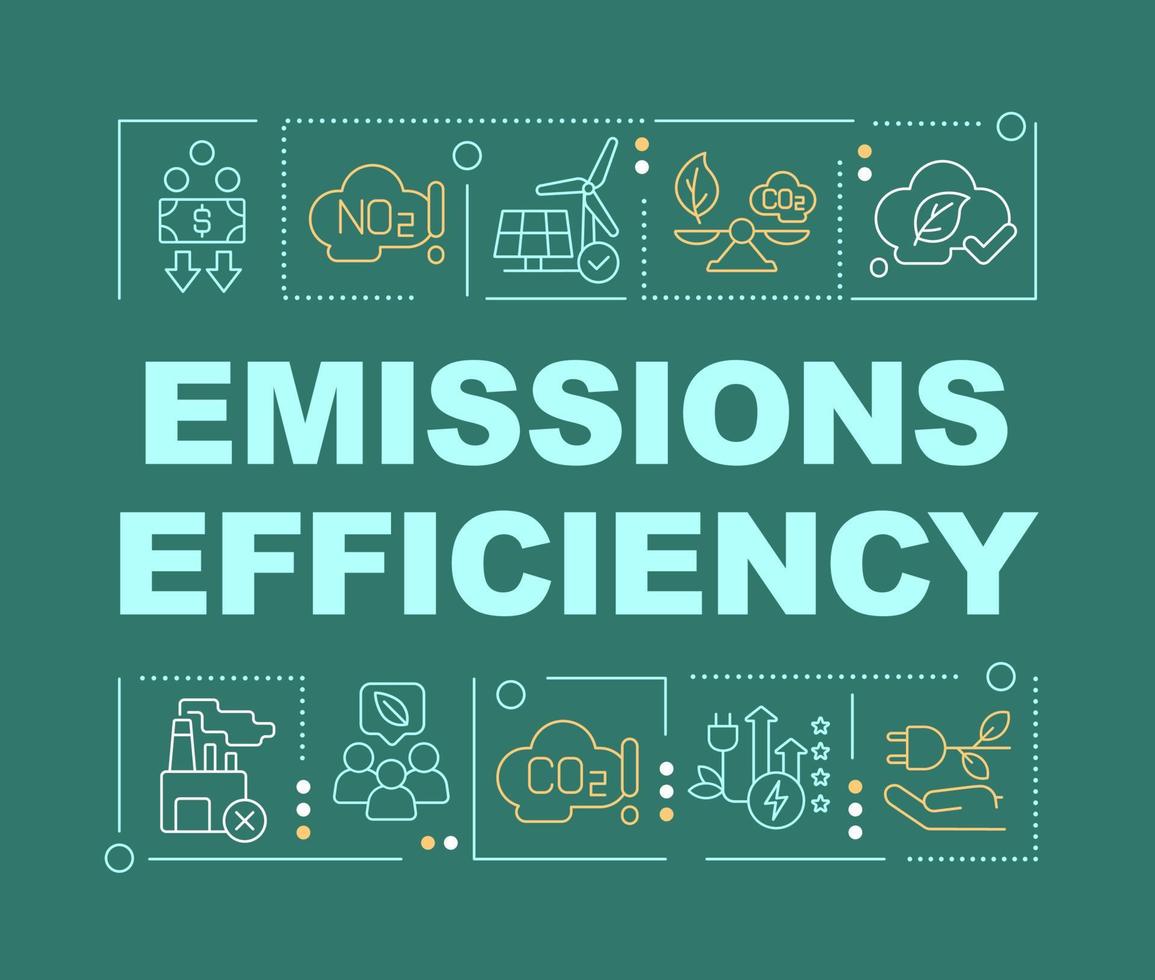 Emissions efficiency word concepts dark green banner. Alternative energy. Infographics with linear icons on background. Isolated typography. Vector color illustration with text.