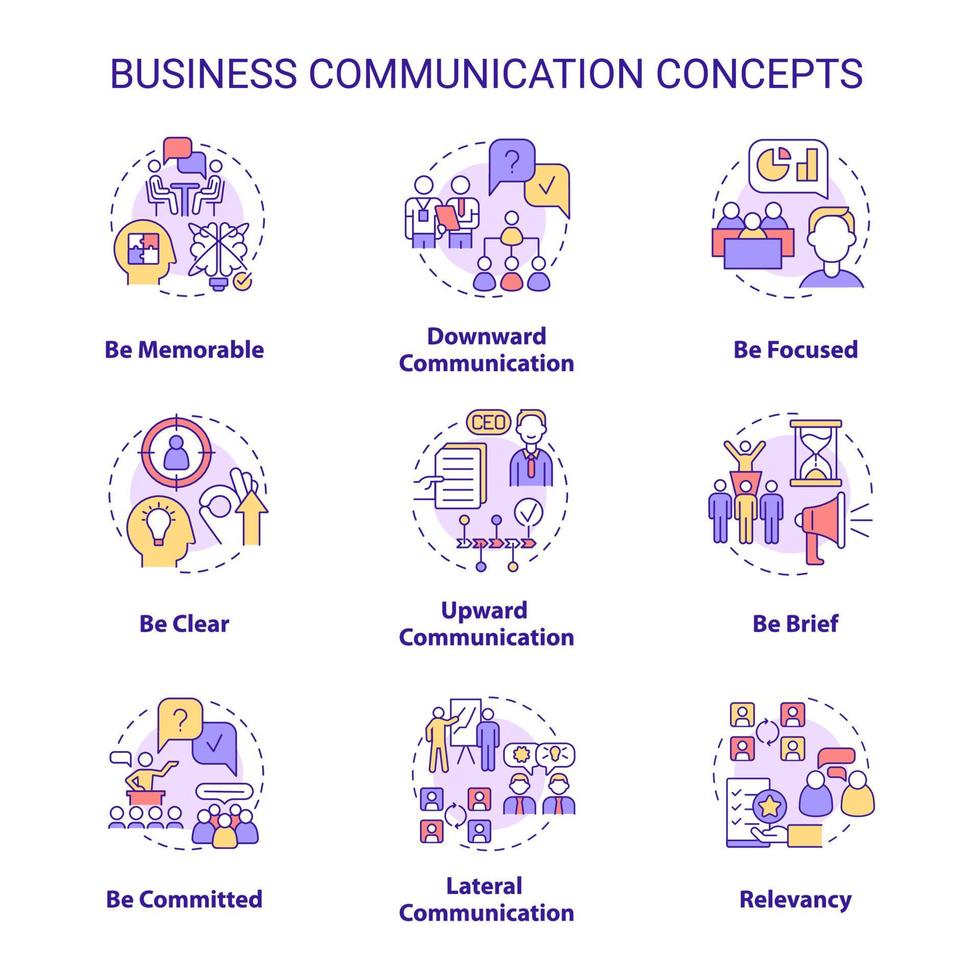 Business communication concept icons set. Working together as team idea thin line color illustrations. Isolated outline drawings. Editable stroke.  vector