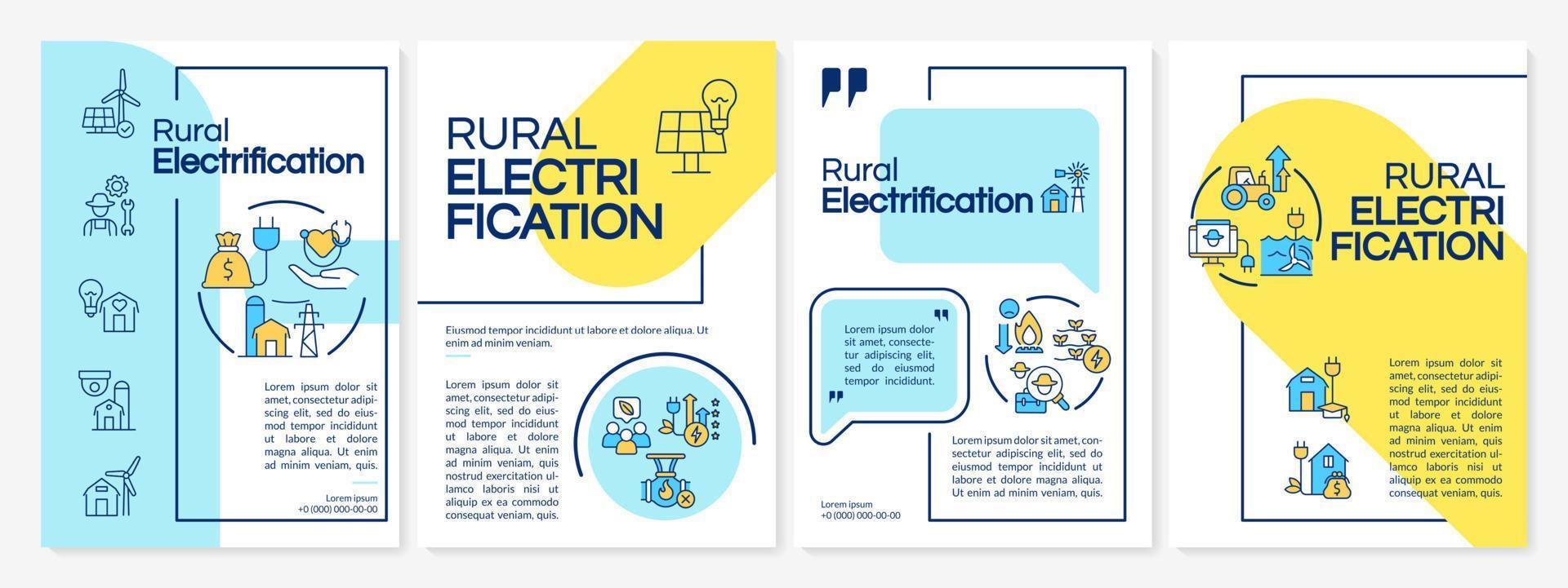 plantilla de folleto azul y amarillo de electrificación rural. diseño de impresión de folletos con iconos lineales. diseños vectoriales para presentación, informes anuales, anuncios. fuentes questrial-regular, lato-regular utilizadas vector