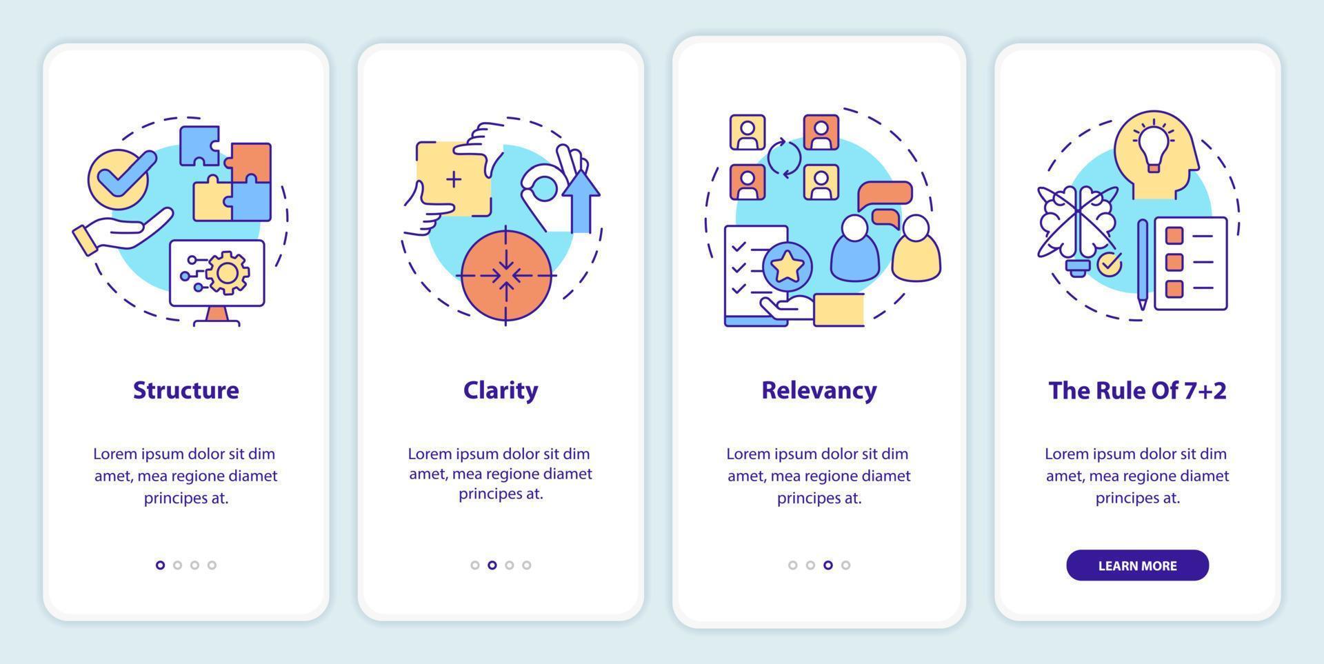 Elementos esenciales de la comunicación empresarial incorporando la pantalla de la aplicación móvil. tutorial de relevancia páginas de instrucciones gráficas de 4 pasos con conceptos lineales. interfaz de usuario, ux, plantilla de interfaz gráfica de usuario. innumerables fuentes pro-negrita y regulares utilizadas vector