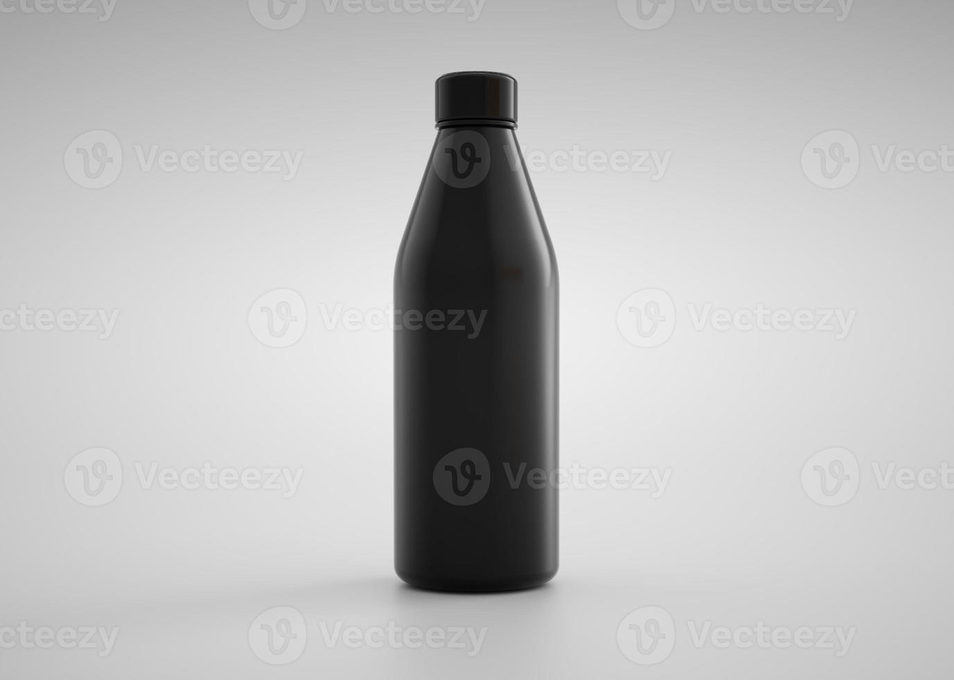 primer plano de botella de agua termo inoxidable vacía y negra mate sobre fondo blanco. representación 3d foto