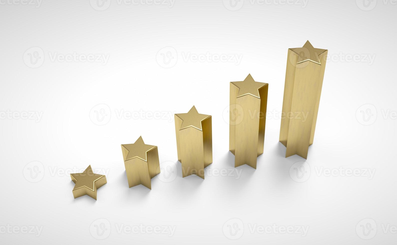 Quality rating five yellow stars on white. Famous level. 3D Rendering photo