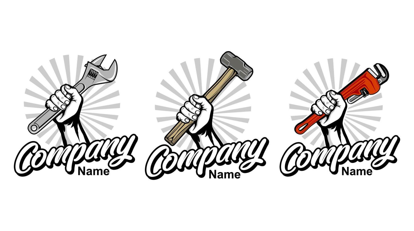 set of construction, plumbing, garage  logo with hand holding hammer, wrench vector inspiration, Design element for logo, poster, card, banner, emblem, t shirt. Vector illustration