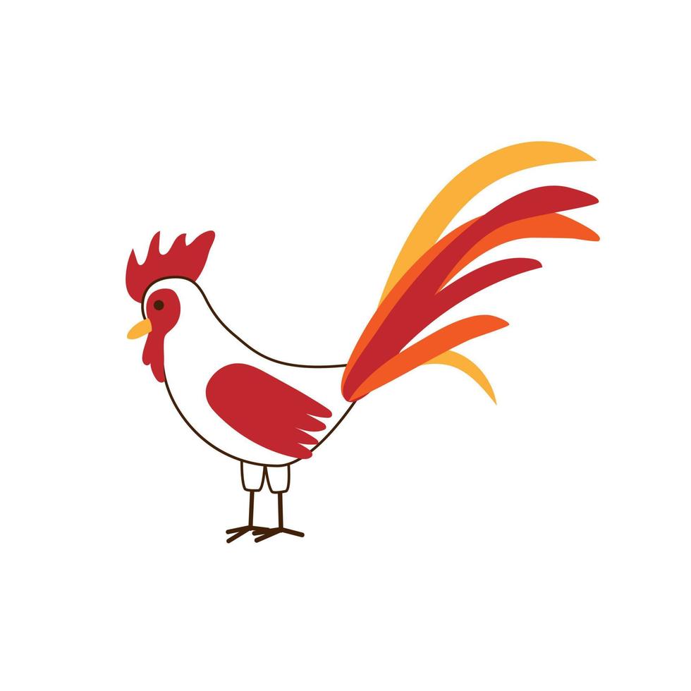 Cute little vector rooster with colored feathers isolated on white background