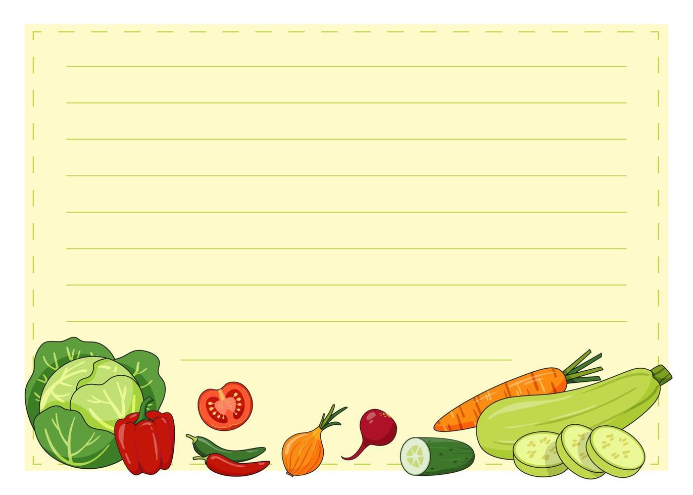 Handout of blank recipe book sheet with frame and cartoon style vegetables vector